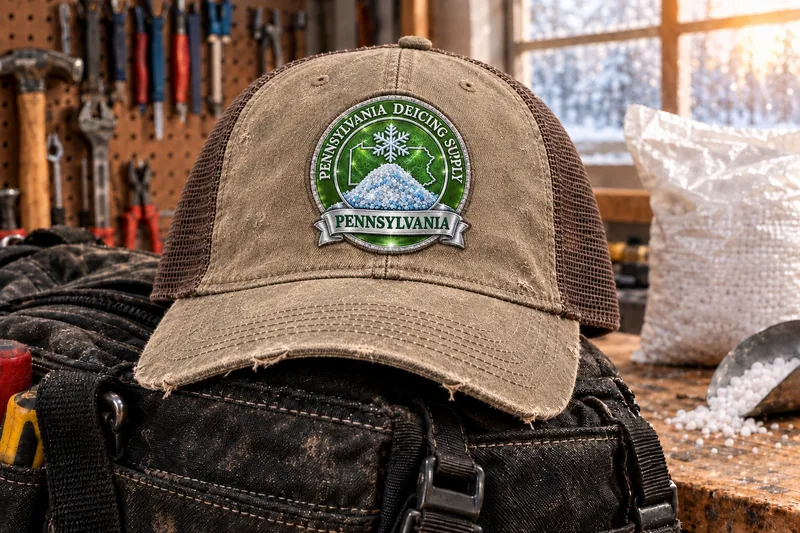 Pennsylvania Deicing Supply trucker cap on a tool bag in a workshop