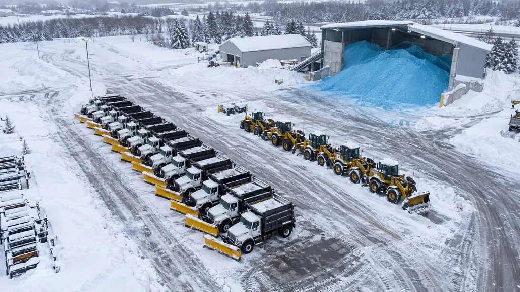 Aerial view of plow trucks and loaders lined up at a snowy salt yard