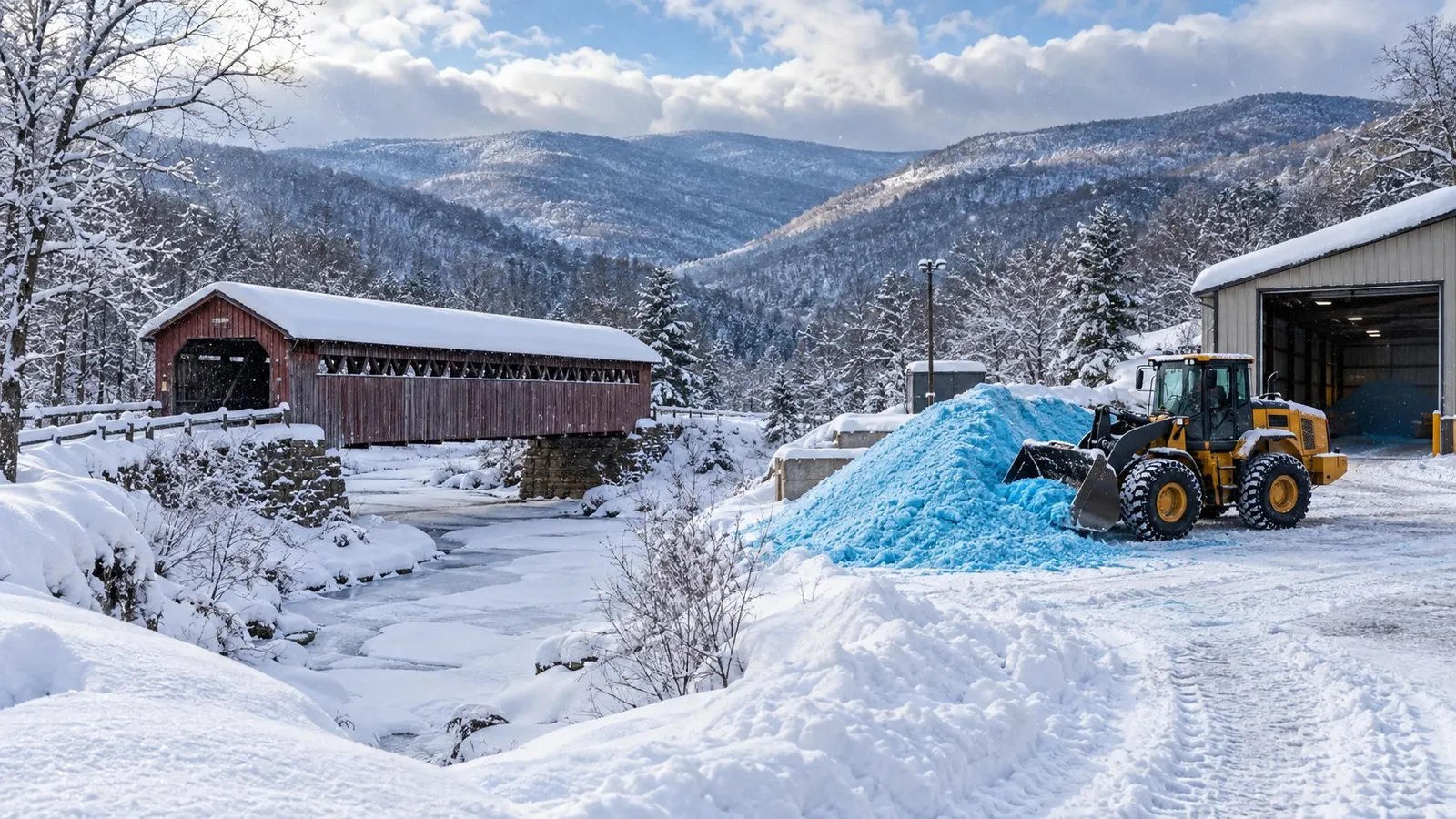 Loader working a blue treated salt pile beside a red covered bridge in a snowy Pennsylvania valley